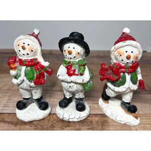 Set Of 3 Festive Snowman Figurines With Red & Green Accents